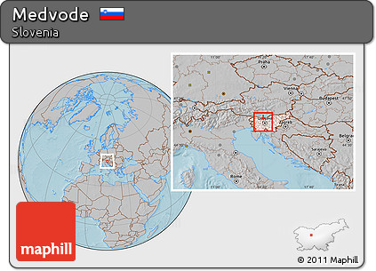 Gray Location Map of Medvode, highlighted country, hill shading