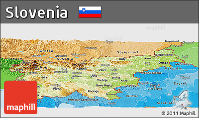 Physical Panoramic Map of Slovenia, political shades outside, shaded relief sea