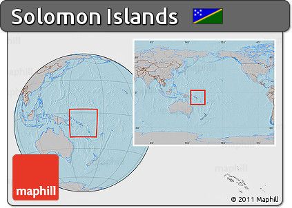 Gray Location Map of Solomon Islands, within the entire continent, hill shading