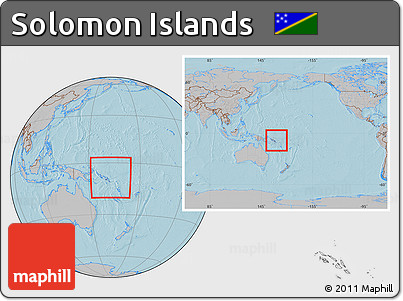 Gray Location Map of Solomon Islands, within the entire continent, hill shading