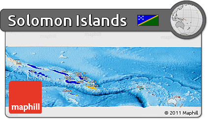 Flag Panoramic Map of Solomon Islands, shaded relief outside, flag aligned to the middle