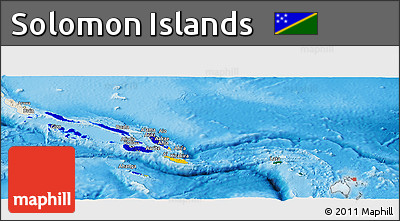 Flag Panoramic Map of Solomon Islands, shaded relief outside, flag aligned to the middle