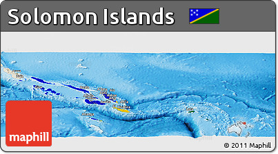 Flag Panoramic Map of Solomon Islands, shaded relief outside, flag aligned to the middle