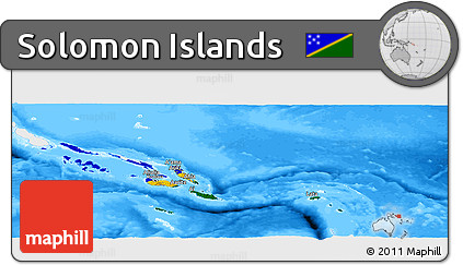 Flag Panoramic Map of Solomon Islands, single color outside, bathymetry sea, flag centered
