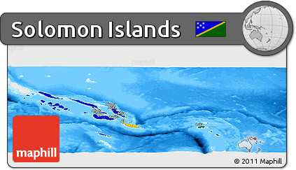 Flag Panoramic Map of Solomon Islands, single color outside, bathymetry sea, flag aligned to the middle