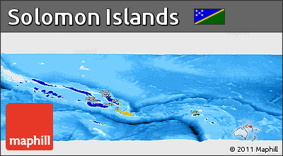 Flag Panoramic Map of Solomon Islands, single color outside, bathymetry sea, flag aligned to the middle