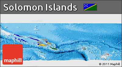 Flag Panoramic Map of Solomon Islands, single color outside, bathymetry sea, shaded relief sea, flag rotated