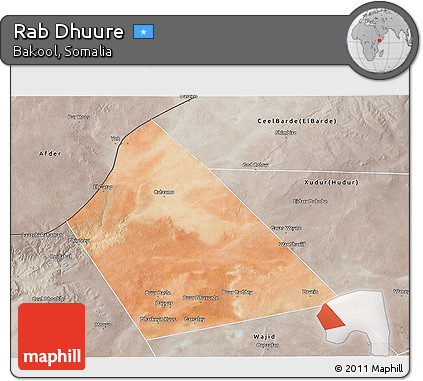 Satellite 3D Map of Rab Dhuure, semi-desaturated