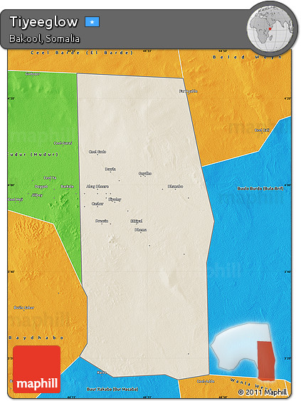 Shaded Relief Map of Tiyeeglow, political outside