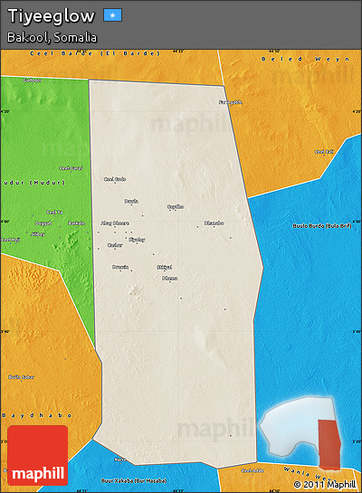 Shaded Relief Map of Tiyeeglow, political outside