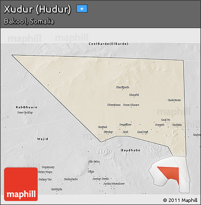 Shaded Relief 3D Map of Xudur (Hudur), desaturated