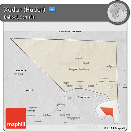 Shaded Relief 3D Map of Xudur (Hudur), desaturated