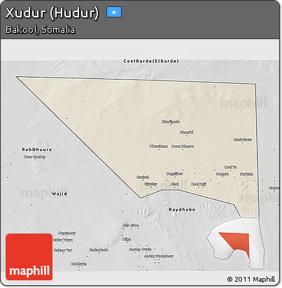 Shaded Relief 3D Map of Xudur (Hudur), desaturated