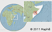 Savanna Style Location Map of Xudur (Hudur), highlighted country, highlighted parent region, within the entire country, hill shading
