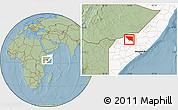 Savanna Style Location Map of Xudur (Hudur), highlighted country, hill shading