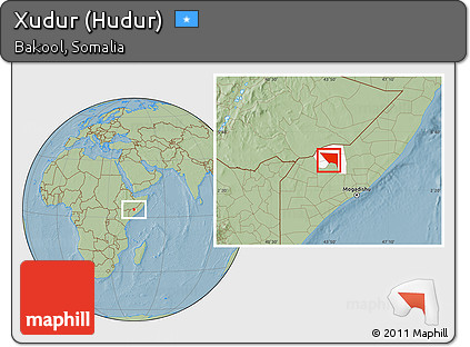 Savanna Style Location Map of Xudur (Hudur), highlighted parent region, hill shading