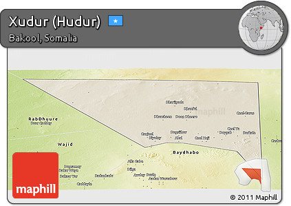 Shaded Relief Panoramic Map of Xudur (Hudur), physical outside