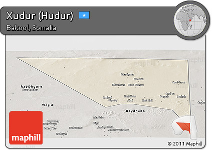 Shaded Relief Panoramic Map of Xudur (Hudur), semi-desaturated