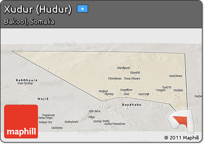Shaded Relief Panoramic Map of Xudur (Hudur), semi-desaturated