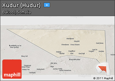 Shaded Relief Panoramic Map of Xudur (Hudur), semi-desaturated