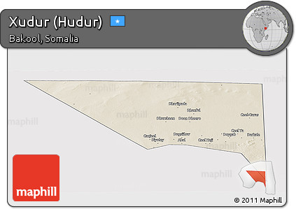 Shaded Relief Panoramic Map of Xudur (Hudur), single color outside