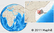 Shaded Relief Location Map of Qansax Dheere, highlighted country, highlighted parent region