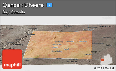 Satellite Panoramic Map of Qansax Dheere, darken, semi-desaturated