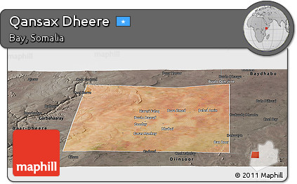 Satellite Panoramic Map of Qansax Dheere, darken, semi-desaturated