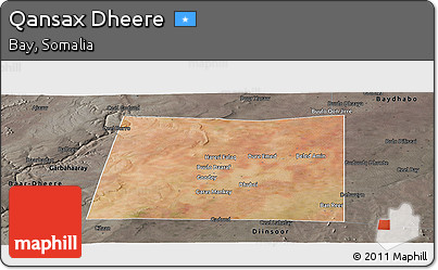 Satellite Panoramic Map of Qansax Dheere, darken, semi-desaturated