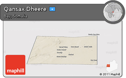 Shaded Relief Panoramic Map of Qansax Dheere, single color outside