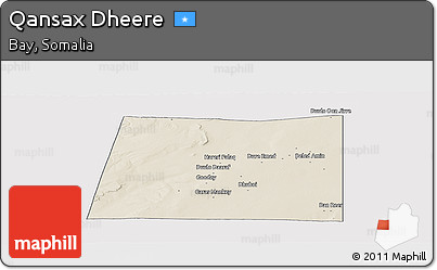 Shaded Relief Panoramic Map of Qansax Dheere, single color outside
