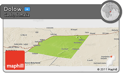 Physical Panoramic Map of Dolow, shaded relief outside