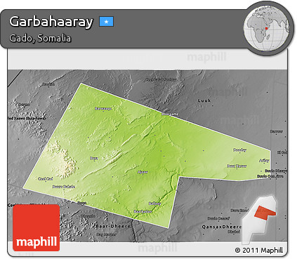 Physical 3D Map of Garbahaaray, darken, desaturated