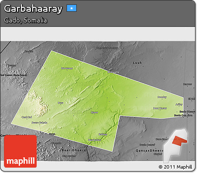 Physical 3D Map of Garbahaaray, darken, desaturated