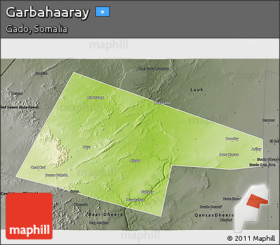 Physical 3D Map of Garbahaaray, darken, semi-desaturated