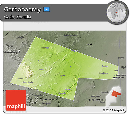 Physical 3D Map of Garbahaaray, darken, semi-desaturated