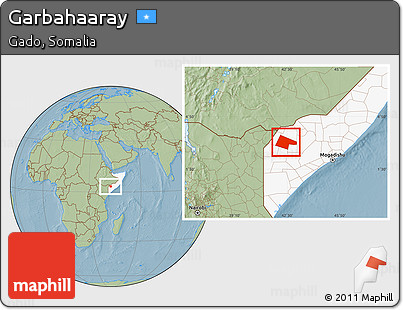 Savanna Style Location Map of Garbahaaray, highlighted country, hill shading