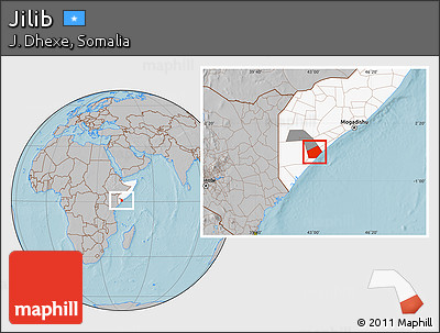 Gray Location Map of Jilib, highlighted country, highlighted parent region, hill shading
