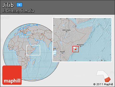 Gray Location Map of Jilib, highlighted parent region, within the entire country, hill shading