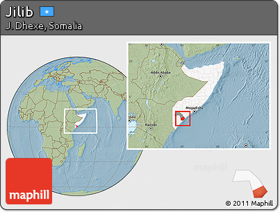 Savanna Style Location Map of Jilib, highlighted country, highlighted parent region, within the entire country, hill shading