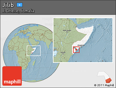 Savanna Style Location Map of Jilib, highlighted country, highlighted parent region, within the entire country, hill shading