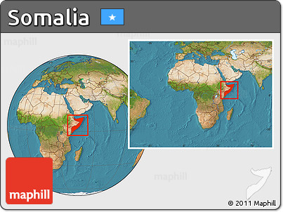 Satellite Location Map of Somalia, within the entire continent