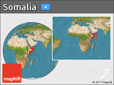 Satellite Location Map of Somalia, within the entire continent