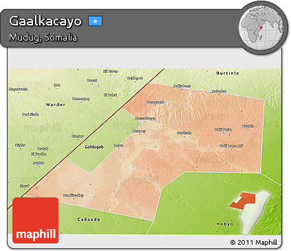 Satellite 3D Map of Gaalkacayo, physical outside