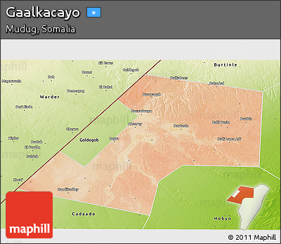 Satellite 3D Map of Gaalkacayo, physical outside
