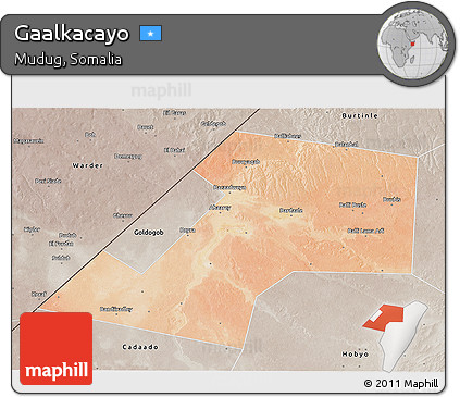 Satellite 3D Map of Gaalkacayo, semi-desaturated
