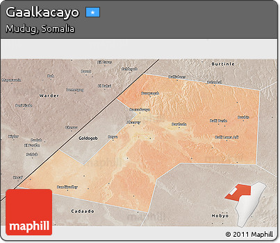 Satellite 3D Map of Gaalkacayo, semi-desaturated