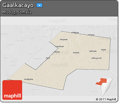 Shaded Relief 3D Map of Gaalkacayo, lighten, desaturated