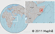 Gray Location Map of Gaalkacayo, within the entire country, hill shading