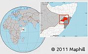 Gray Location Map of Gaalkacayo, highlighted country, highlighted parent region